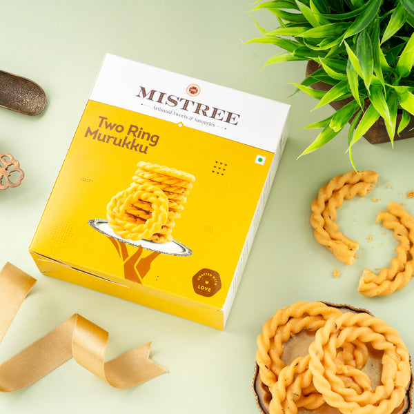 Traditional 2 Ring Muruku - crispy South Indian snack made from rice flour, seasoned with spices, in golden-brown rings, perfect for tea-time.