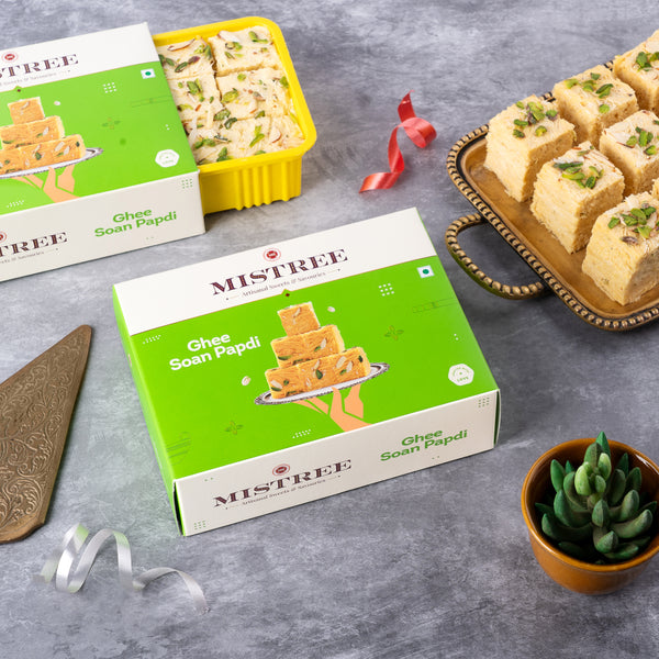 Traditional Indian Ghee Soan Papdi sweet, flaky and rich in flavor, available at Mistree Sweets