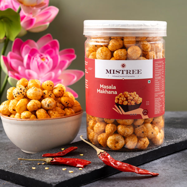  A pack of Masala Makhana, premium crunchy and spicy treats made with high-quality roasted lotus seeds.