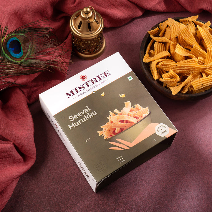 A 200g pack of crispy Seeval Murukku, a delicious and authentic South Indian snack.